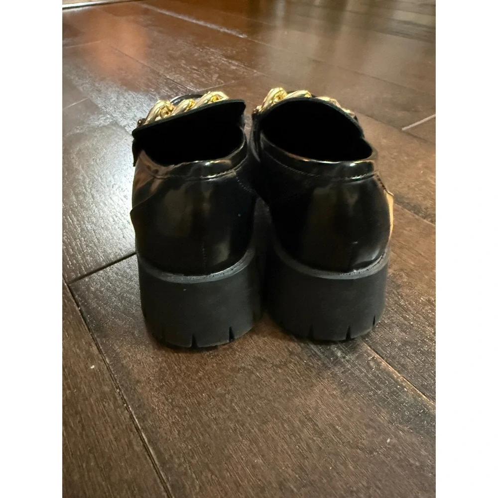 Guess Platform Lug Sole Loafers 7.5 Black Gold Chain Chunky Slip On Shoes retro